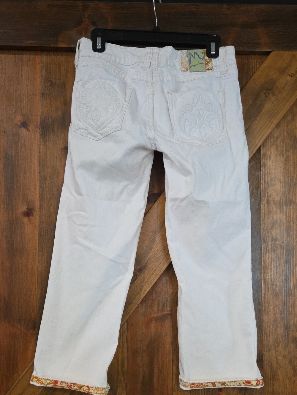 Y2K Marlow White Denim Embroidered Pockets Floral Print Cuff